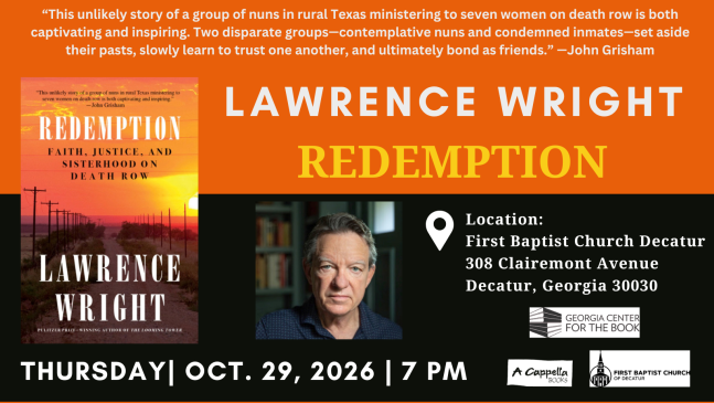 Book Cover: Redemption by Lawrence Wright; Author Talk, October 29, 2026, at 7 p.m. at First Baptist Church Decatur